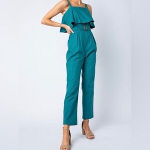 Evelyn Ruffle Teal Green Summer One Piece Sleeveless‎ Jumpsuit No Belt Large L